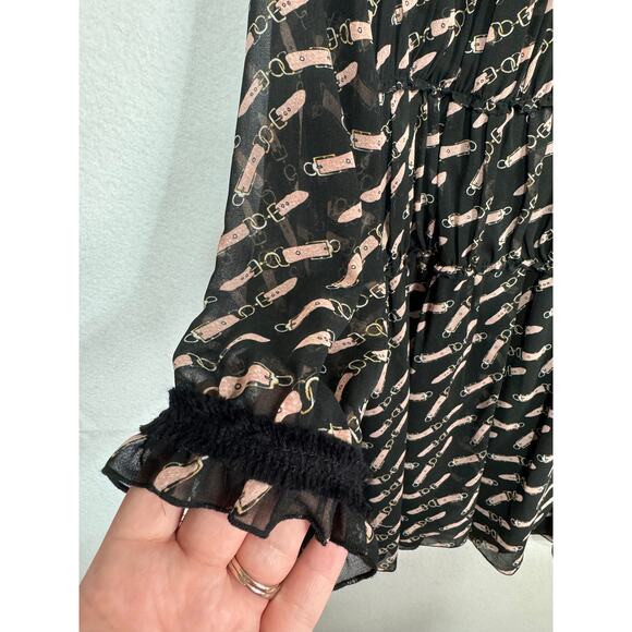 Zara Basic Sheer Black Long Sleeve Belt Print Babydoll Shift Mini Dress Size M - Picture 5 of 7